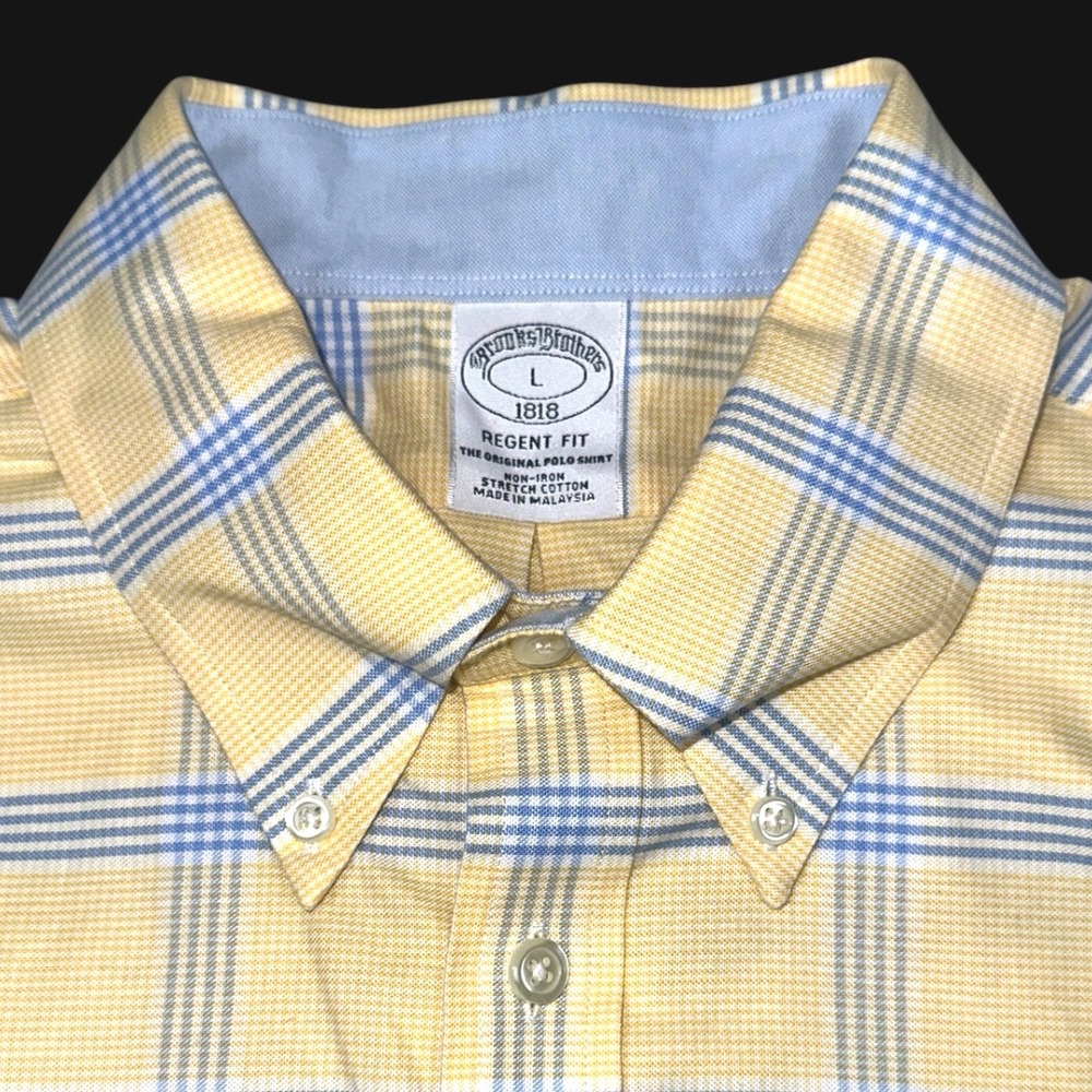 Brooks Brothers Regent Fit Plaid Shirt Yellow Blue Non-Iron Stretch Cotton L